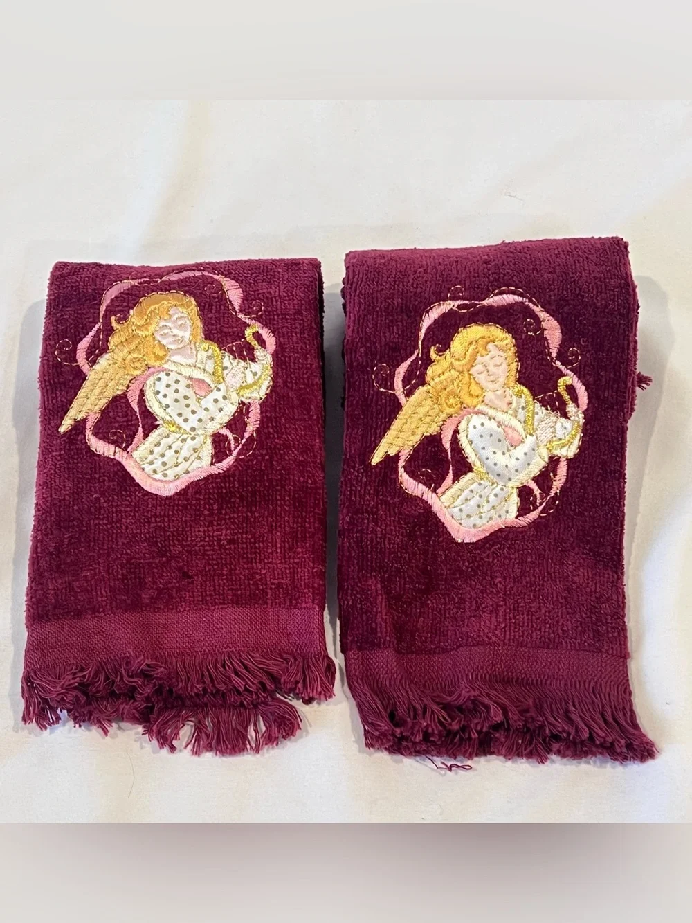 Vintage Angel Embroidered Hand Towels Set Burgundy Cotton Fringe Pair
